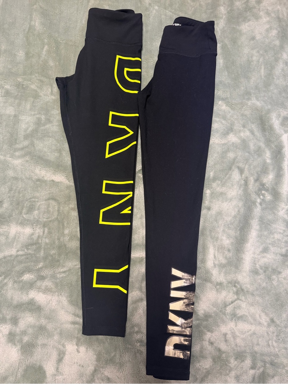 2 Pairs XS DKNY Black Leggings with Neon Yellow and Camo